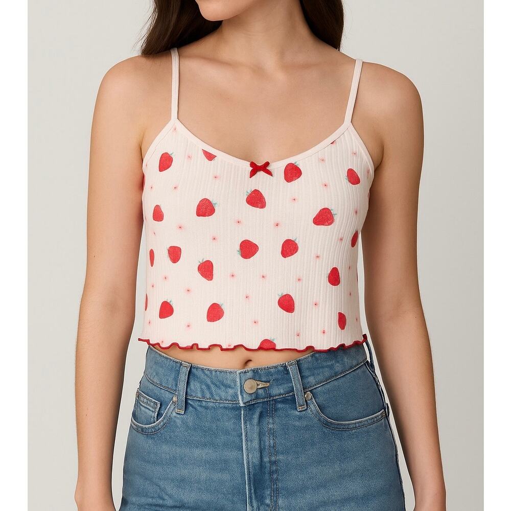 Strawberry Print Ribbed Cami Crop Top Women’s XL White Red Lettuce Hem
